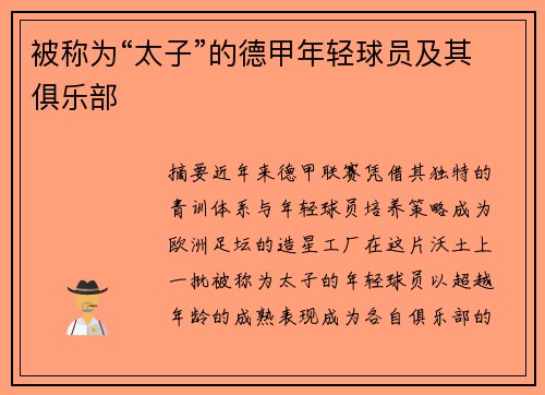 被称为“太子”的德甲年轻球员及其俱乐部